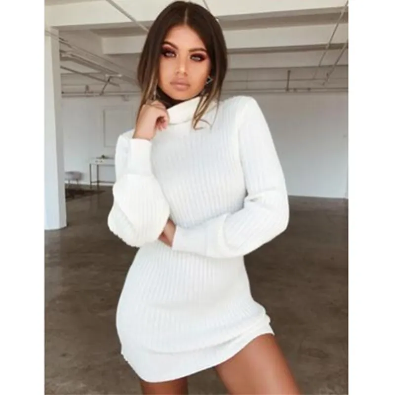 Joskaa hoco dresses Autumn Winter Fashion Sexy Women's Package Hip Mini Dress 2024 Casual Turtleneck Solid Long Sleeve Knitted Plus Size Lady Dress