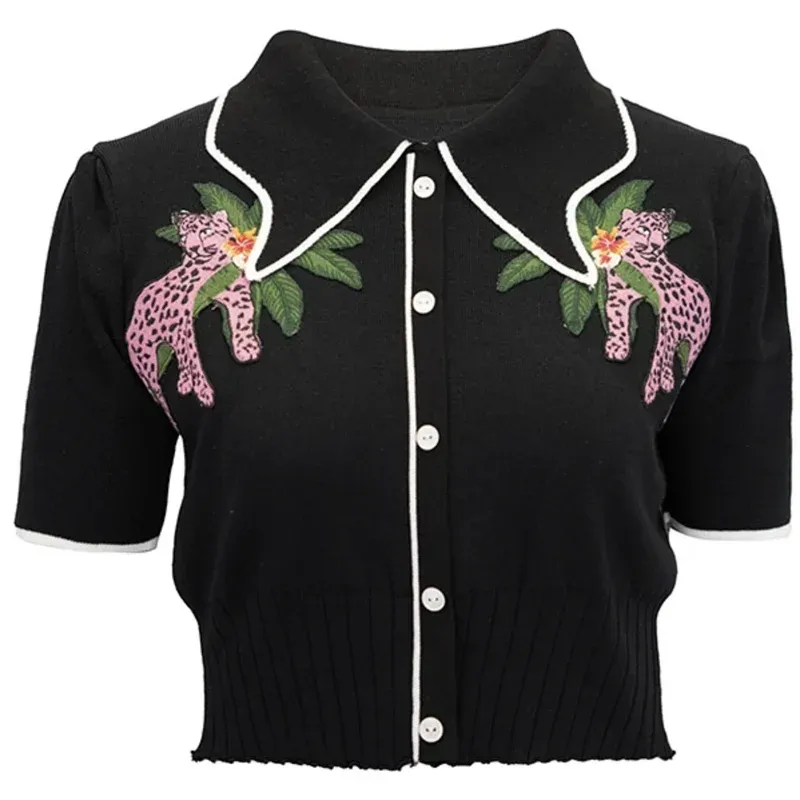 Jungle Love- the Pink Leopard Embroidered Short Sleeved Cardigan Sweater