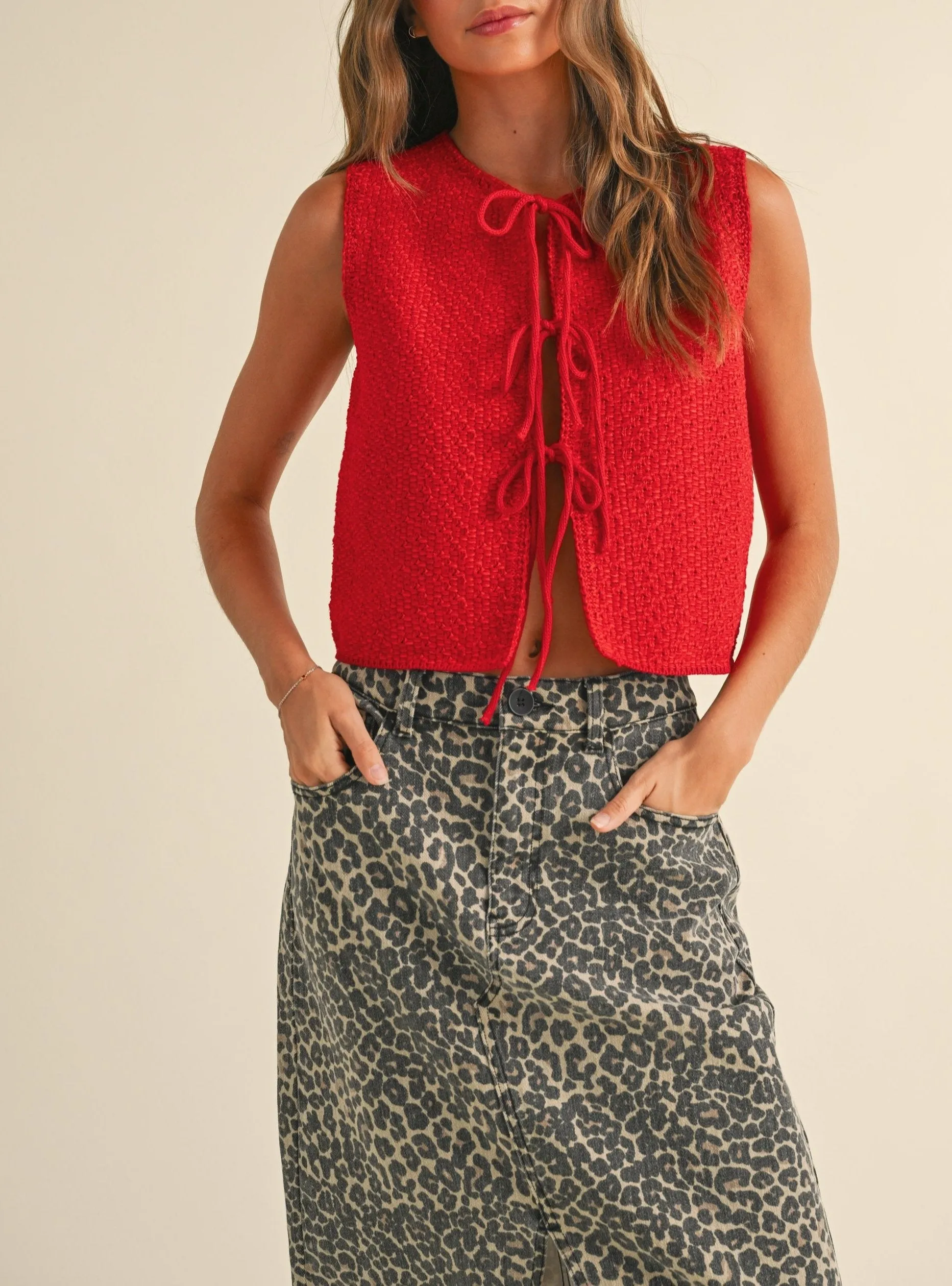 Knitted Tied In Front Sleeveless Cardigan