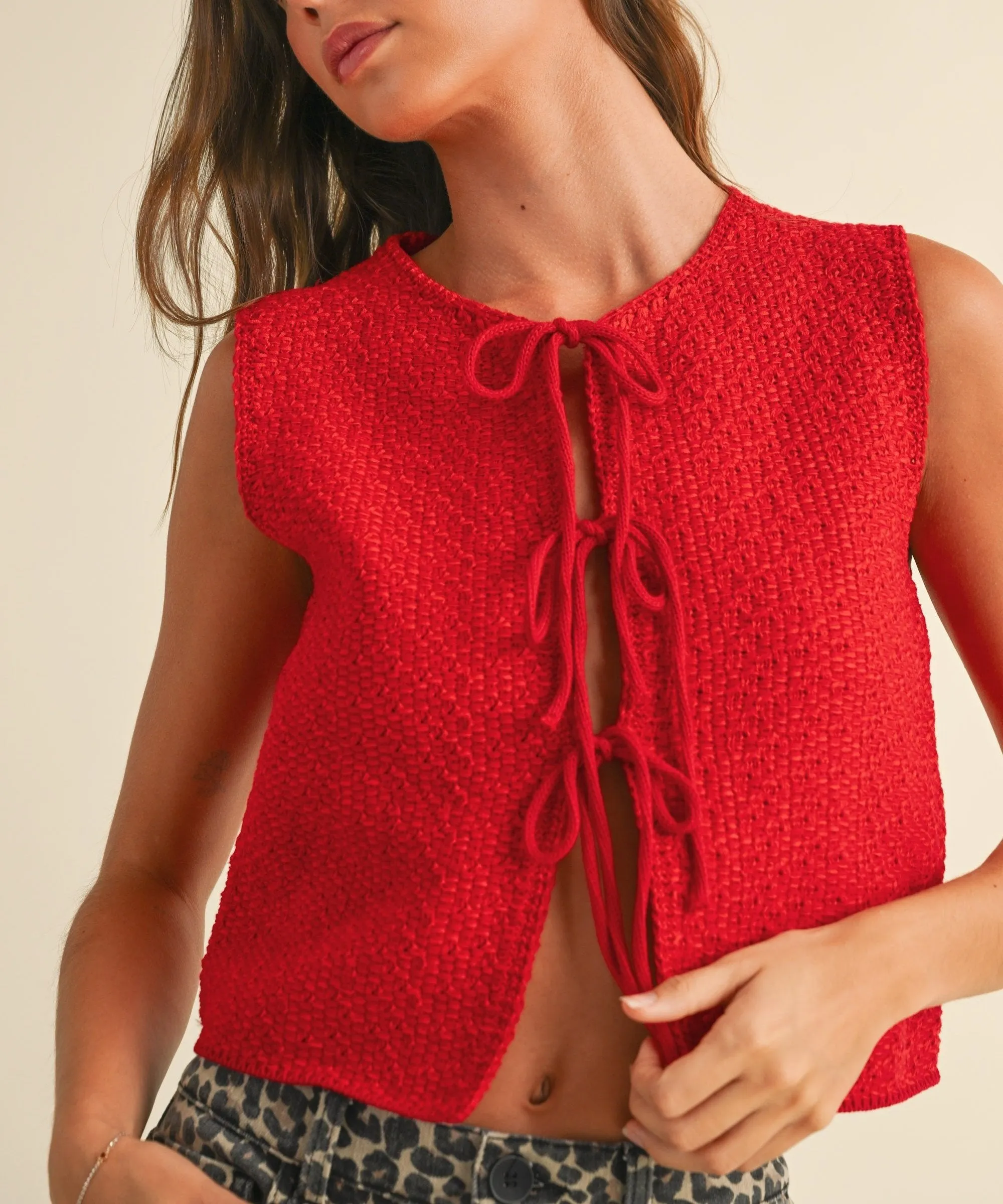 Knitted Tied In Front Sleeveless Cardigan