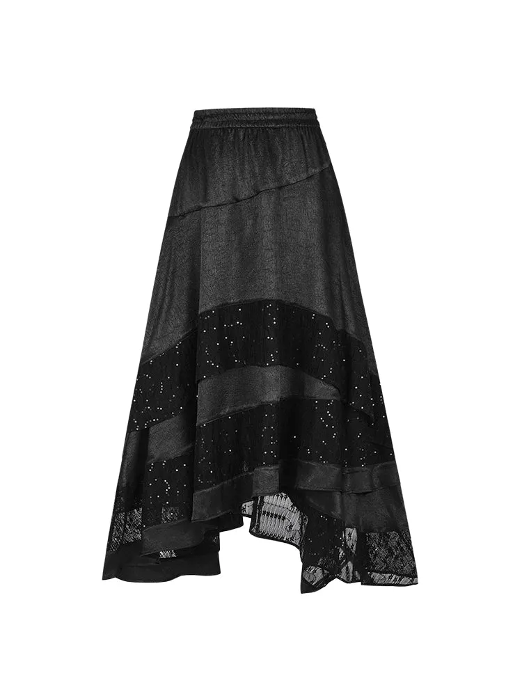 Lace Asymmetry Sequins Flare A-Line Ling-Skirt