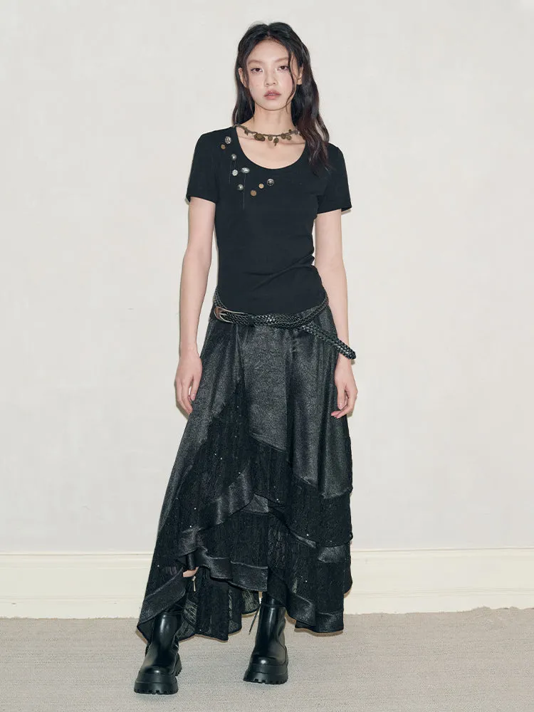 Lace Asymmetry Sequins Flare A-Line Ling-Skirt