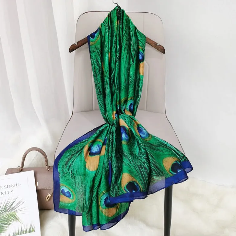 Ladies simulation silk scarf light breathable air-conditioned gauze sunscreen beach green peacock feather shawl