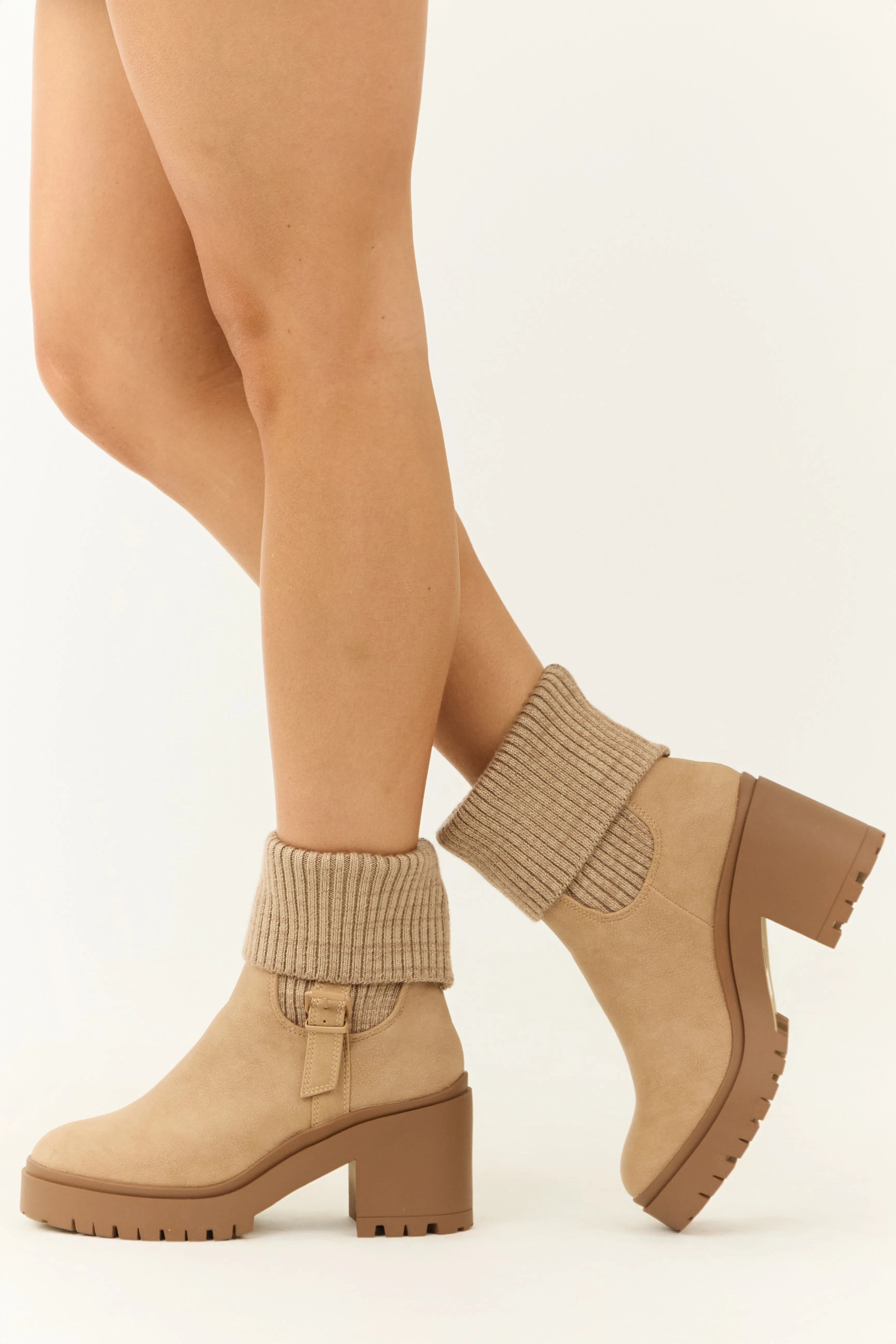 Latte Chunky Heel Side Buckle Booties