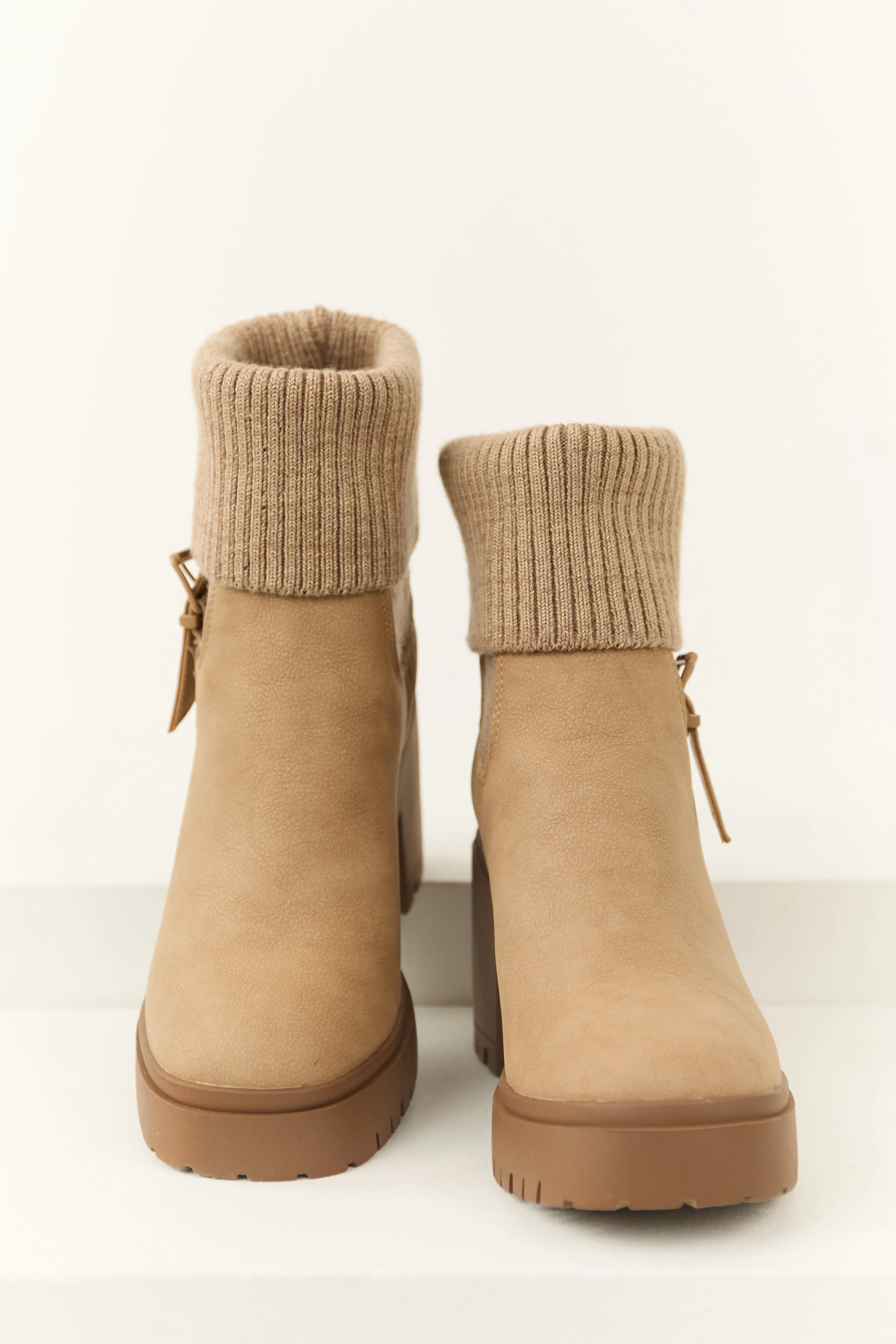 Latte Chunky Heel Side Buckle Booties