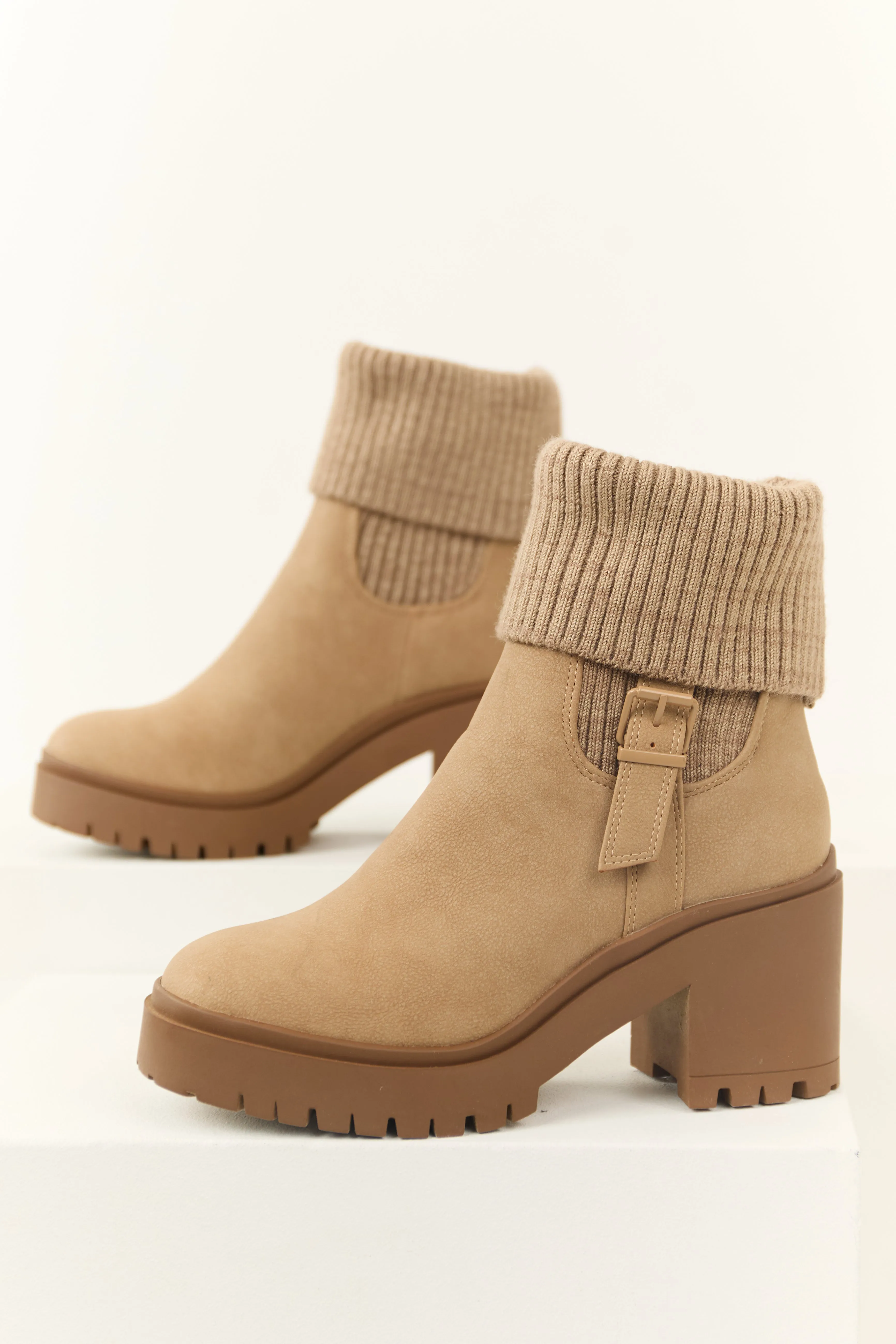 Latte Chunky Heel Side Buckle Booties