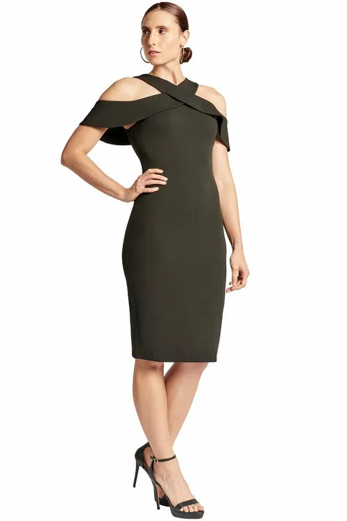 Layla Cold Shoulder Midi Dress - Stylish Stretch Crepe with Criss Cross Cut-Outs