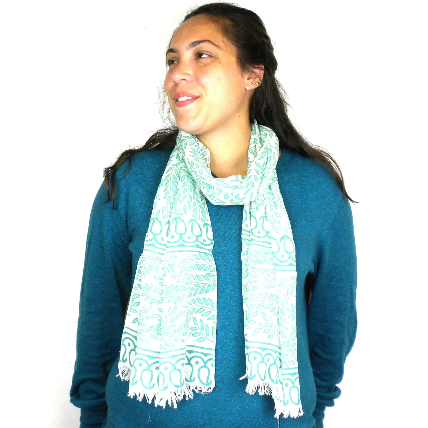 Leaves and Paisley Design  Cotton Scarf with Fringe Asha Handicrafts