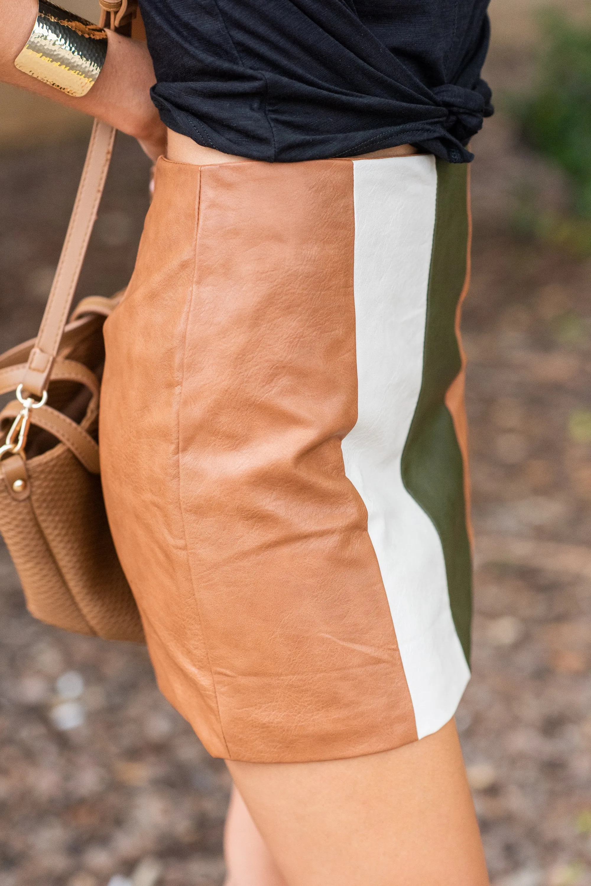 Let's Get Retro Camel Brown Vegan Leather Skirt