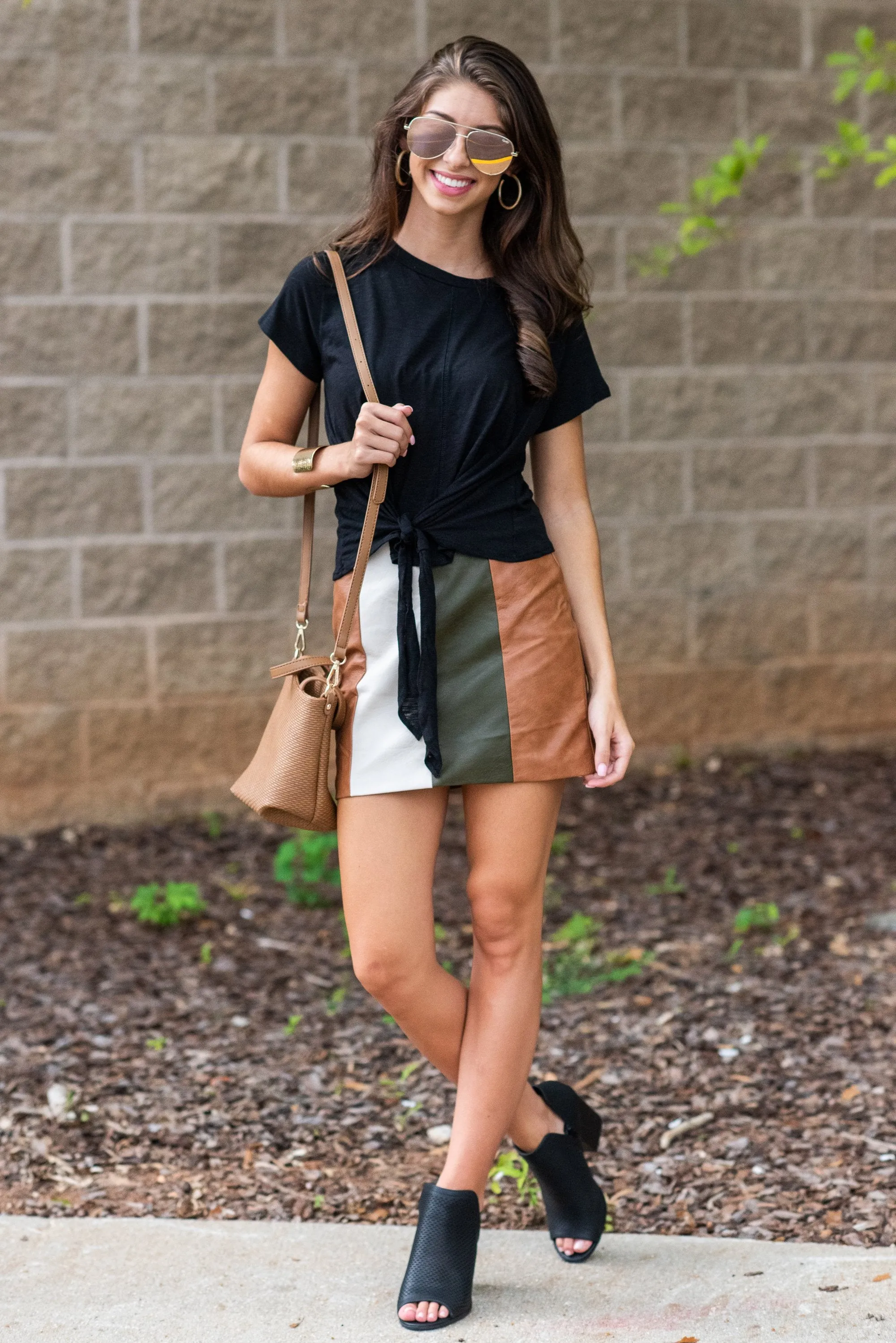 Let's Get Retro Camel Brown Vegan Leather Skirt