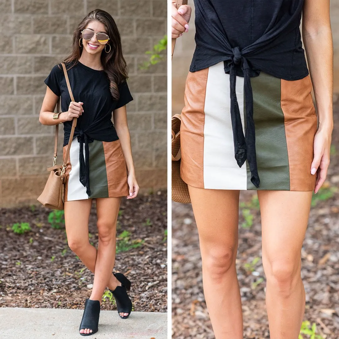 Let's Get Retro Camel Brown Vegan Leather Skirt