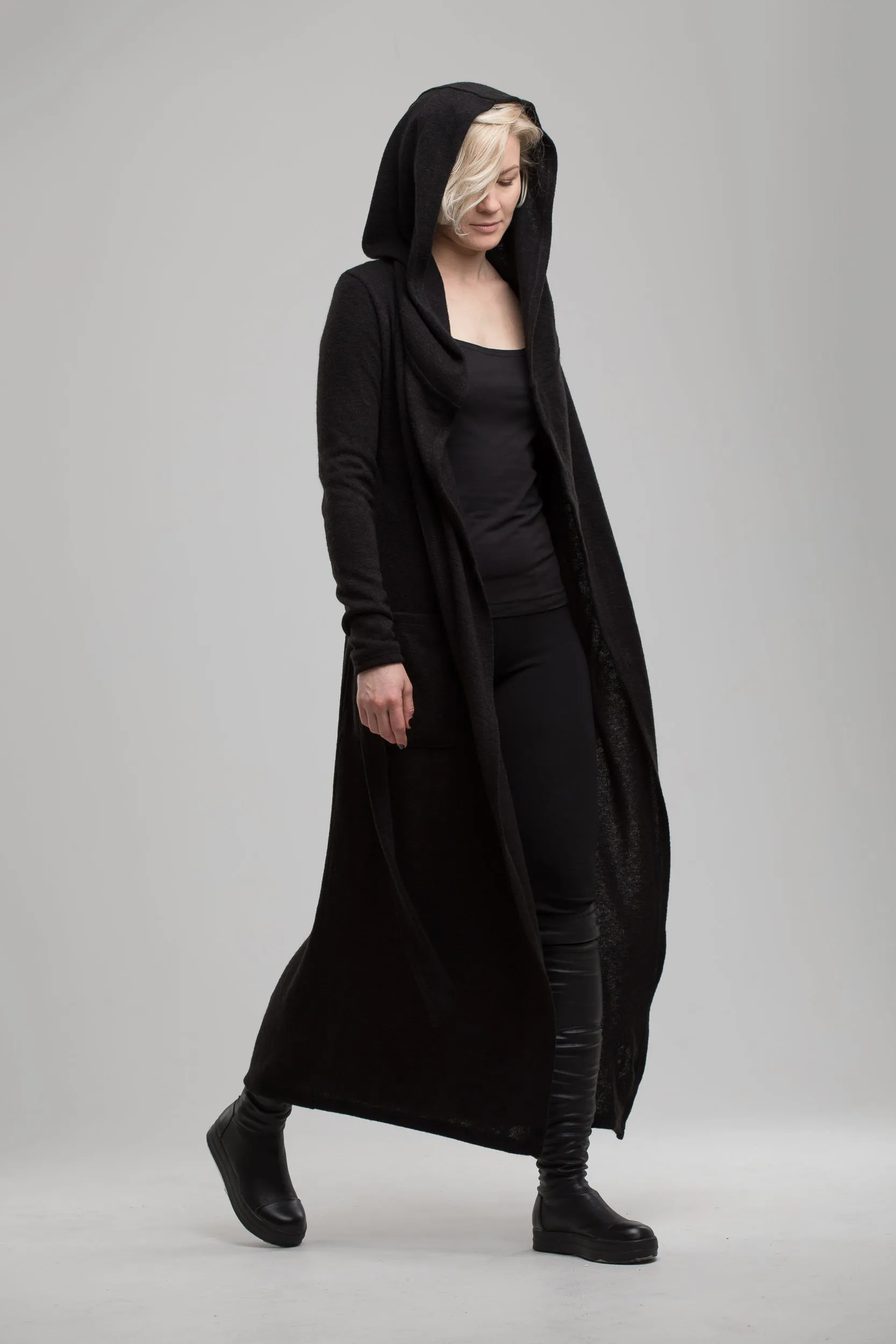 Long Black Cardigan with Hood