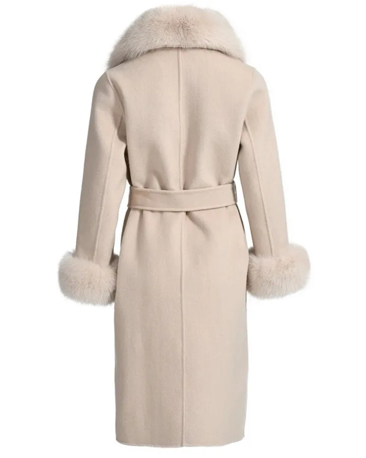 LORINA Beige Cashmere Midi Coat With Fox Fur