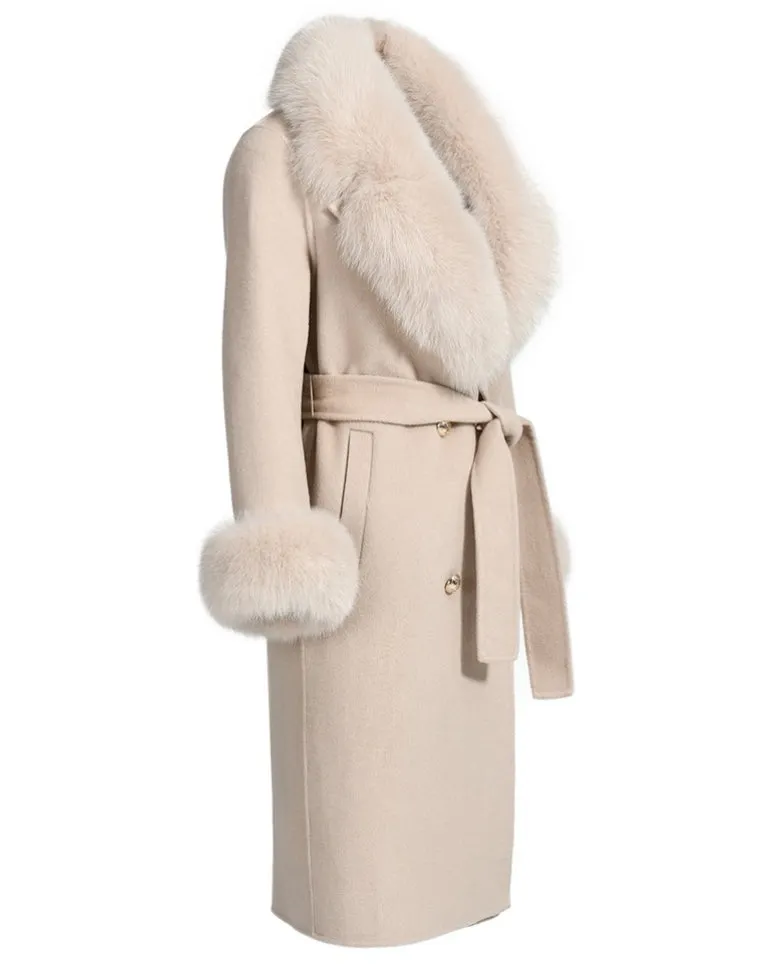 LORINA Beige Cashmere Midi Coat With Fox Fur