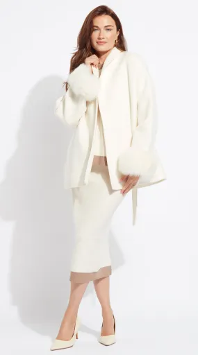 Luxy Cashmere & Fur Cuffed Belted Wrap Coat - Buttermilk