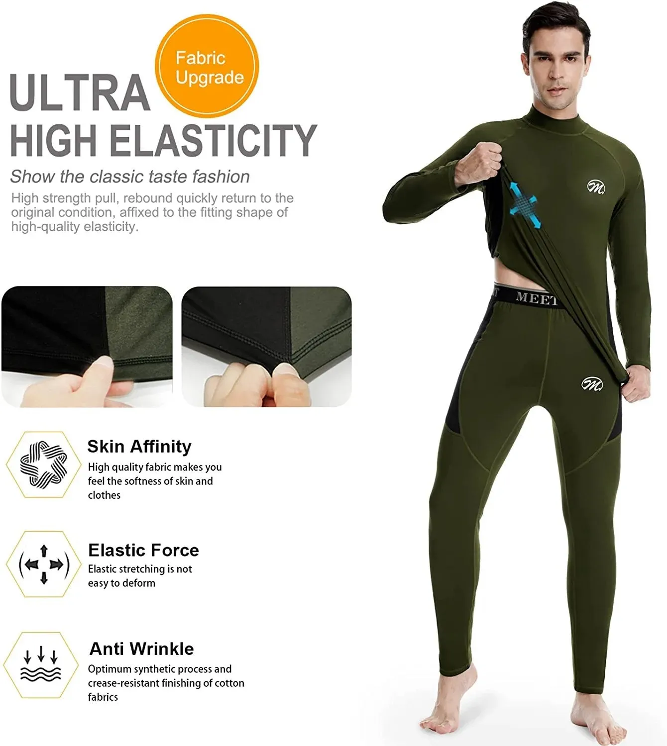 Men's Thermal Underwear Set Winter Ski Gear Fleece Lined Long Johns Base Layer Warm Top & Bottom for Skiing Running