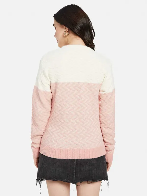 Mettle Women Pink  White Colourblocked Pullover