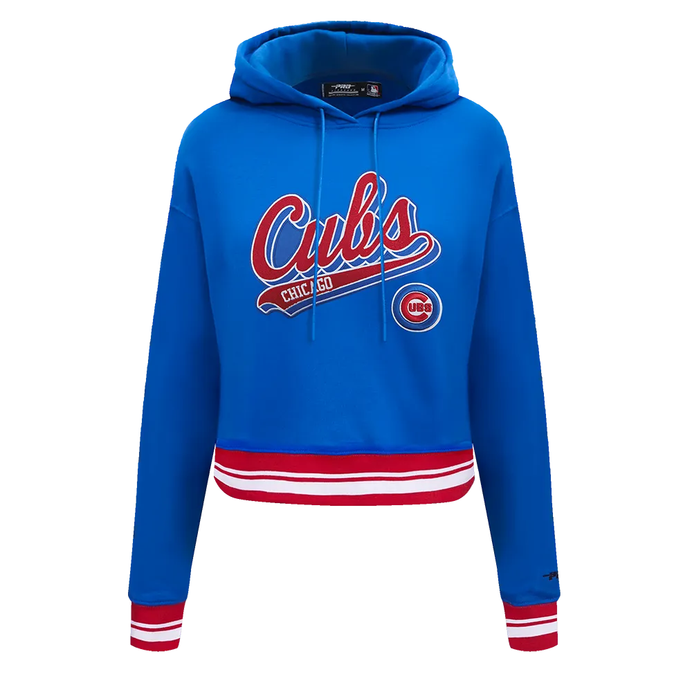 MLB CHICAGO CUBS SCRIPT TAIL WOMEN'S RIB FLC CROPPED PO HOODIE (ROYAL BLUE/RED)