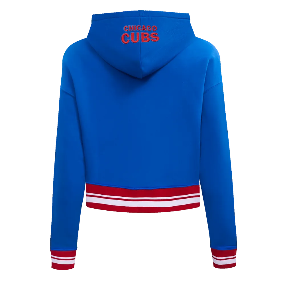 MLB CHICAGO CUBS SCRIPT TAIL WOMEN'S RIB FLC CROPPED PO HOODIE (ROYAL BLUE/RED)