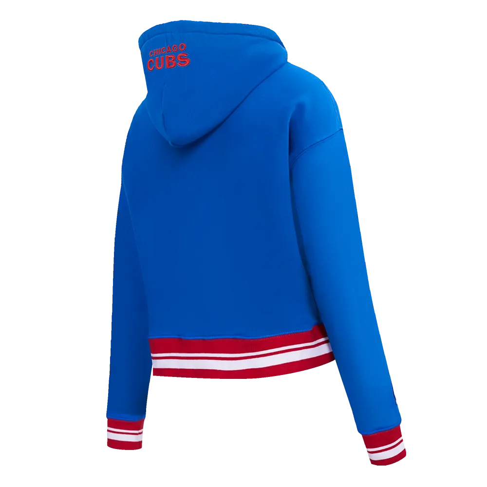 MLB CHICAGO CUBS SCRIPT TAIL WOMEN'S RIB FLC CROPPED PO HOODIE (ROYAL BLUE/RED)