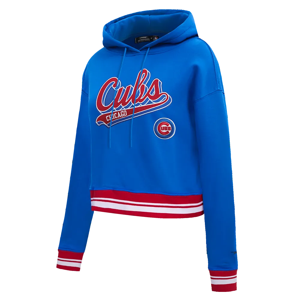 MLB CHICAGO CUBS SCRIPT TAIL WOMEN'S RIB FLC CROPPED PO HOODIE (ROYAL BLUE/RED)