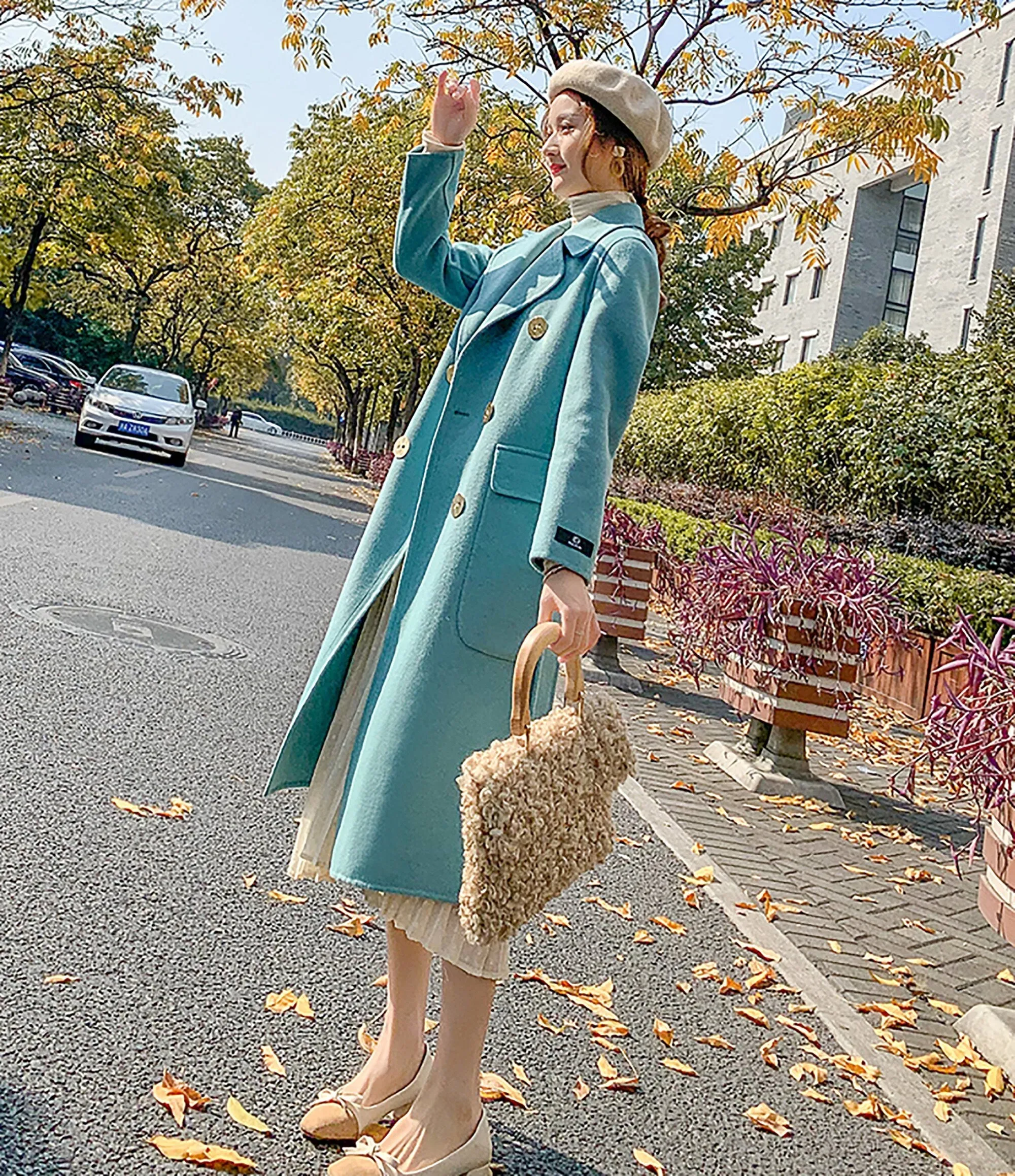 Notched Lapel Double Breasted Wool Long Coat