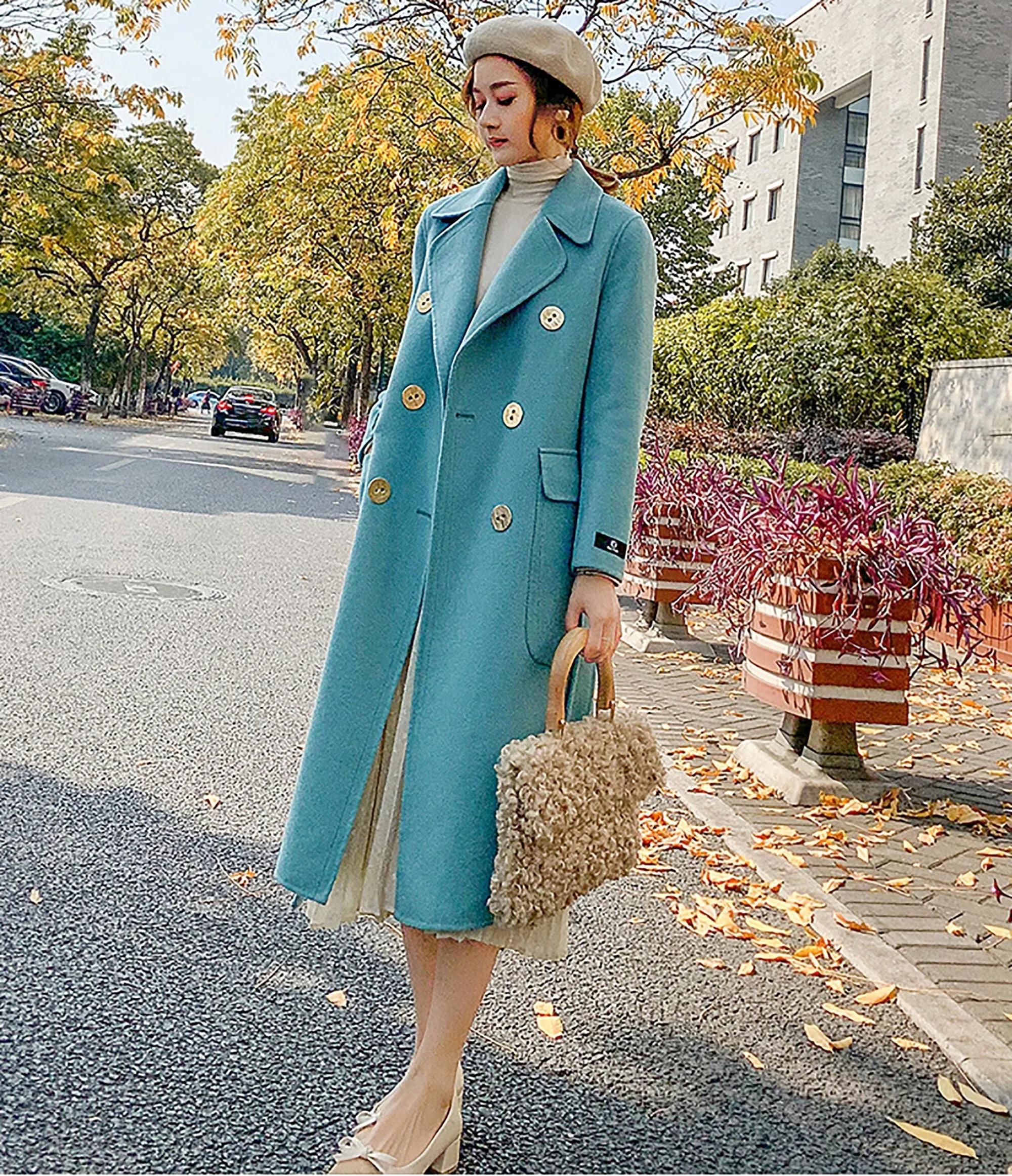 Notched Lapel Double Breasted Wool Long Coat