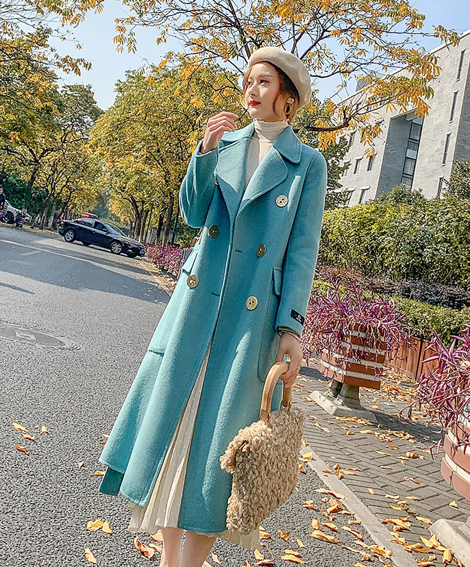 Notched Lapel Double Breasted Wool Long Coat