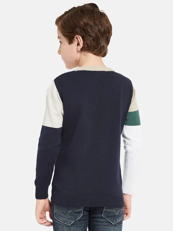 Octave Boys Cream-Coloured White Colourblocked Pullover