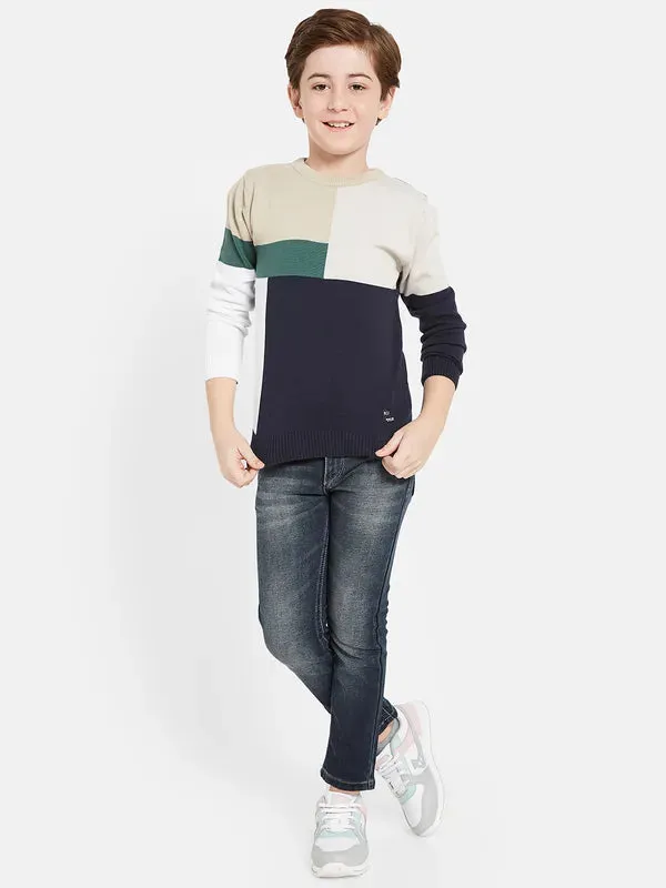 Octave Boys Cream-Coloured White Colourblocked Pullover