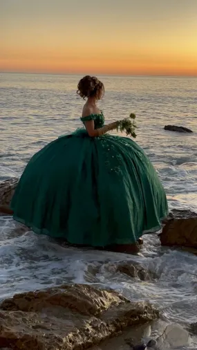 Off The Shoulder Green Prom Dress Sweet 16 Dress Ball Gown     fg5990