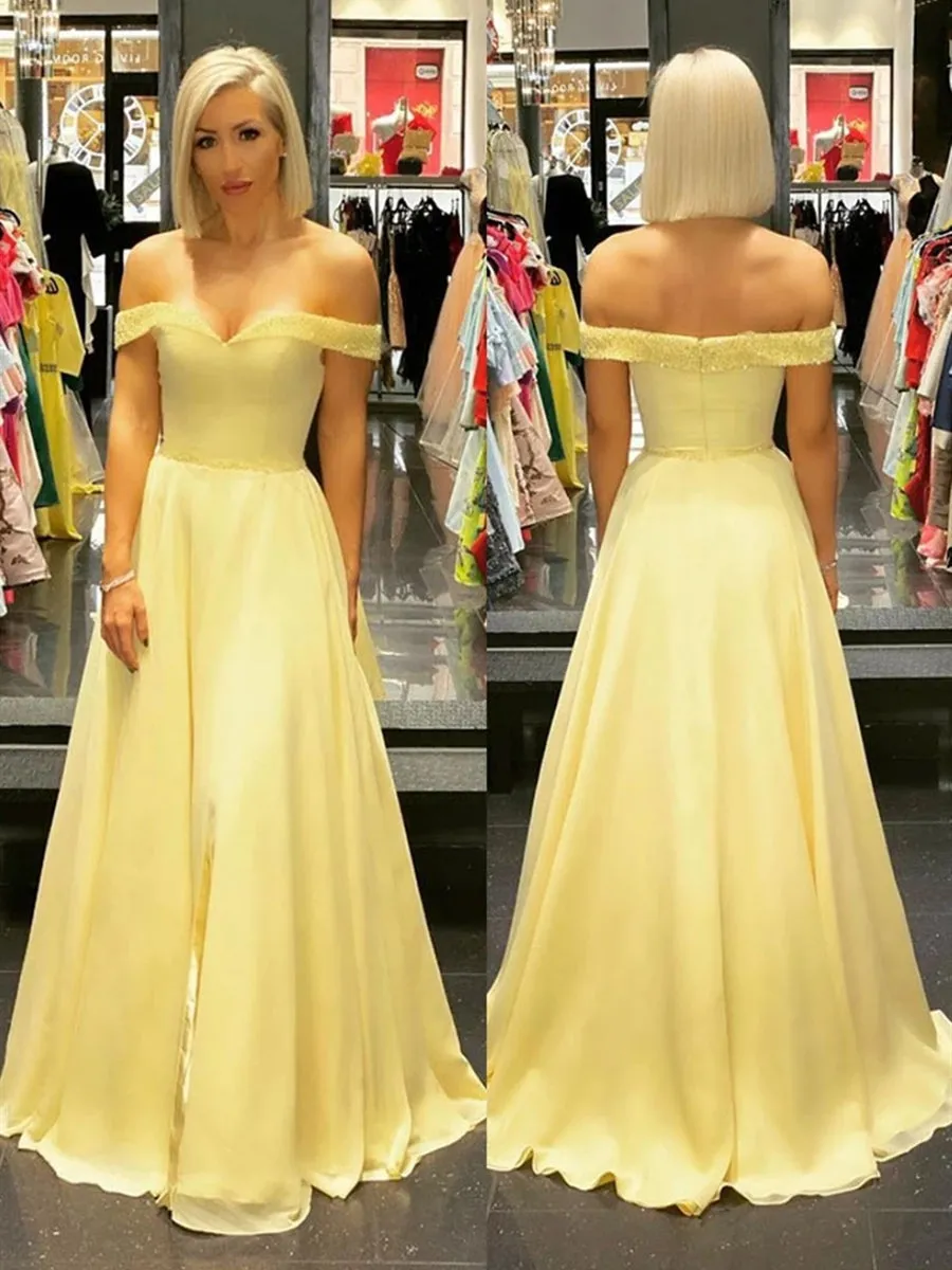 Off the Shoulder Yellow Long Prom with Beading, Off Shoulder Yellow Formal Graduation Evening