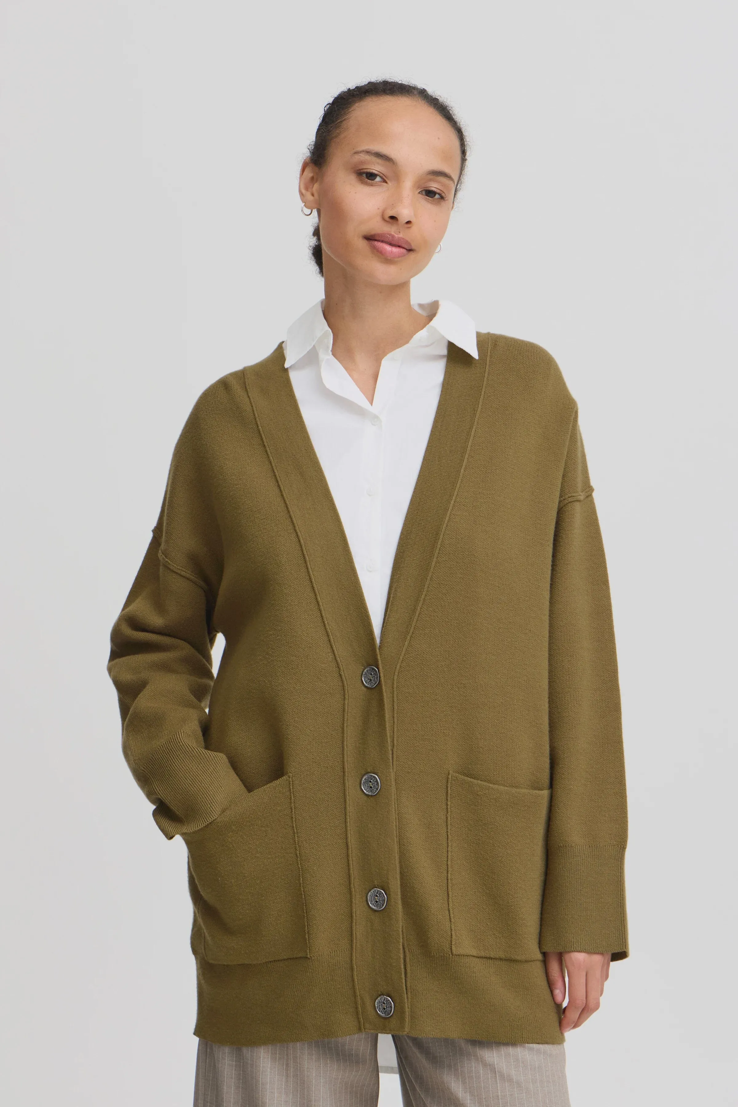 OLIVE CASUAL BUTTON DOWN CARDIGAN