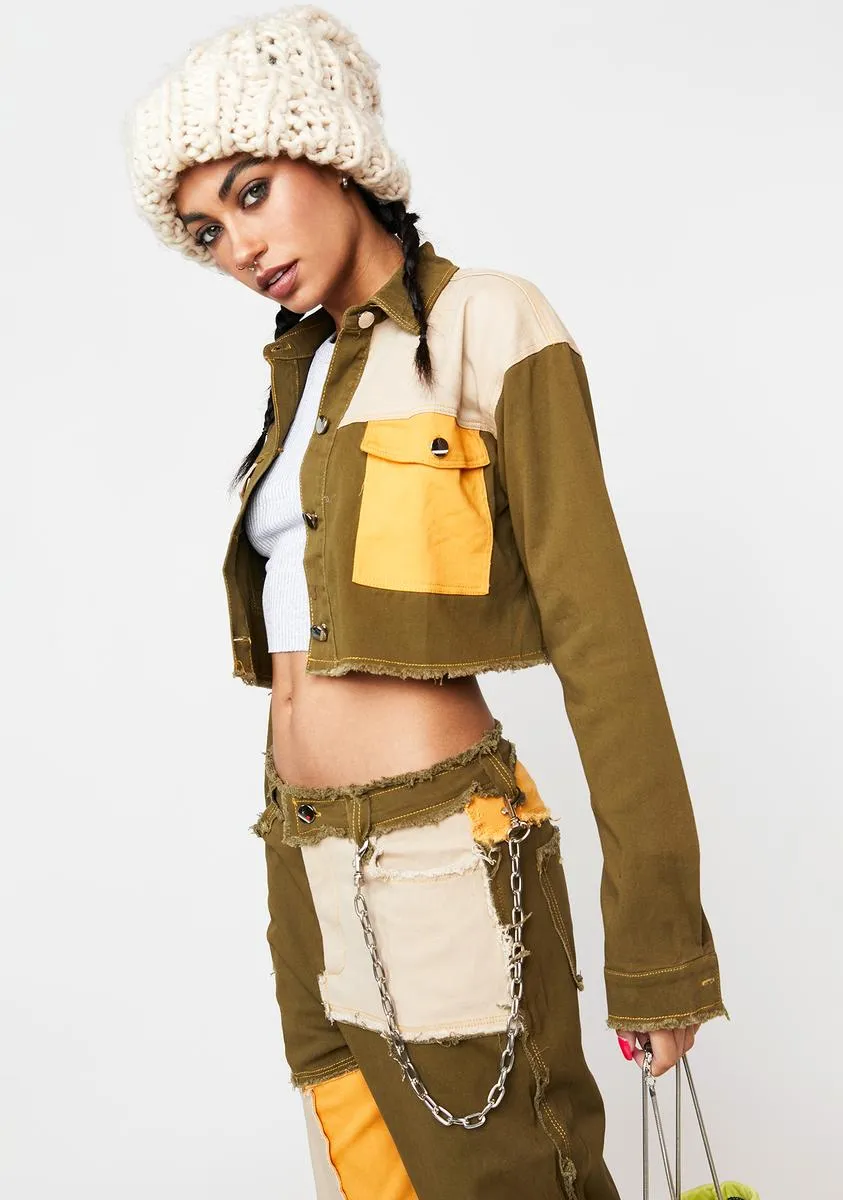 Olive Hidden Layers Patchwork Crop Jacket