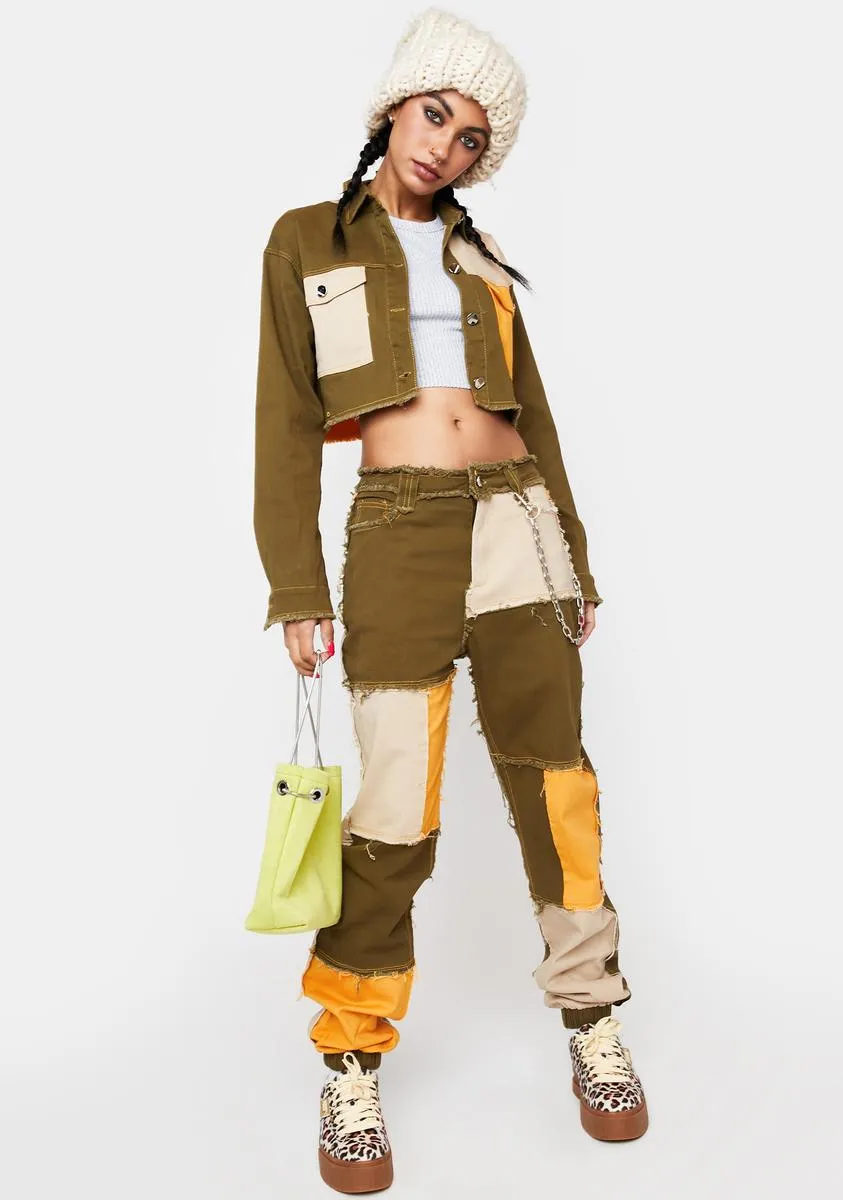 Olive Hidden Layers Patchwork Crop Jacket