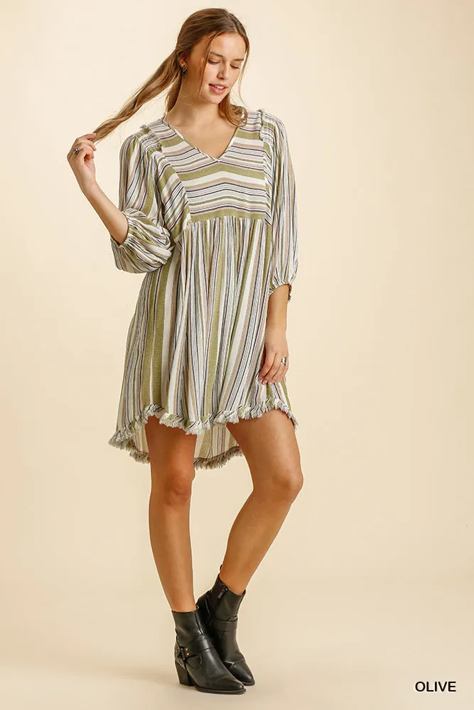 Olive Umgee Multicolored Stripe V-Neck 3/4 Balloon Sleeve Babydoll Dress