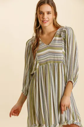 Olive Umgee Multicolored Stripe V-Neck 3/4 Balloon Sleeve Babydoll Dress