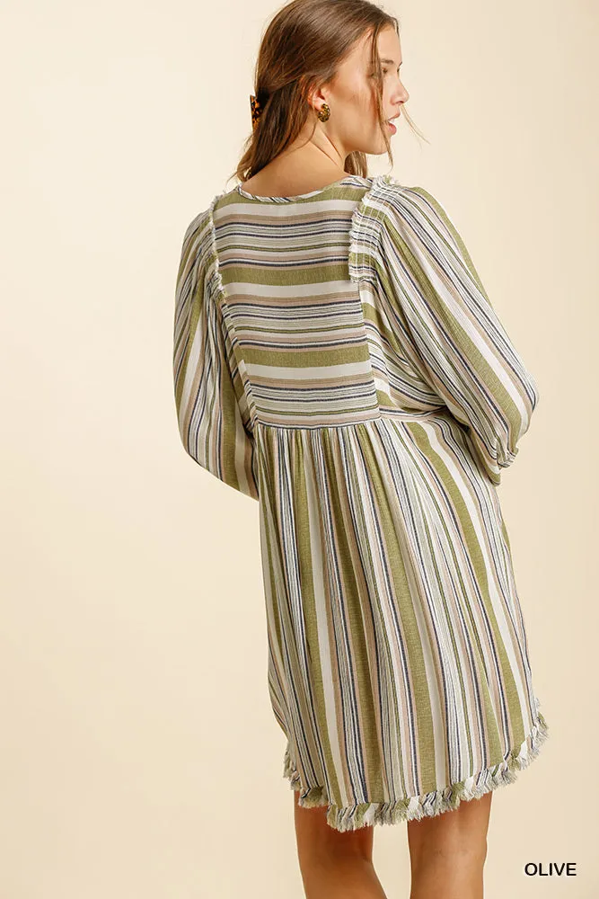 Olive Umgee Multicolored Stripe V-Neck 3/4 Balloon Sleeve Babydoll Dress