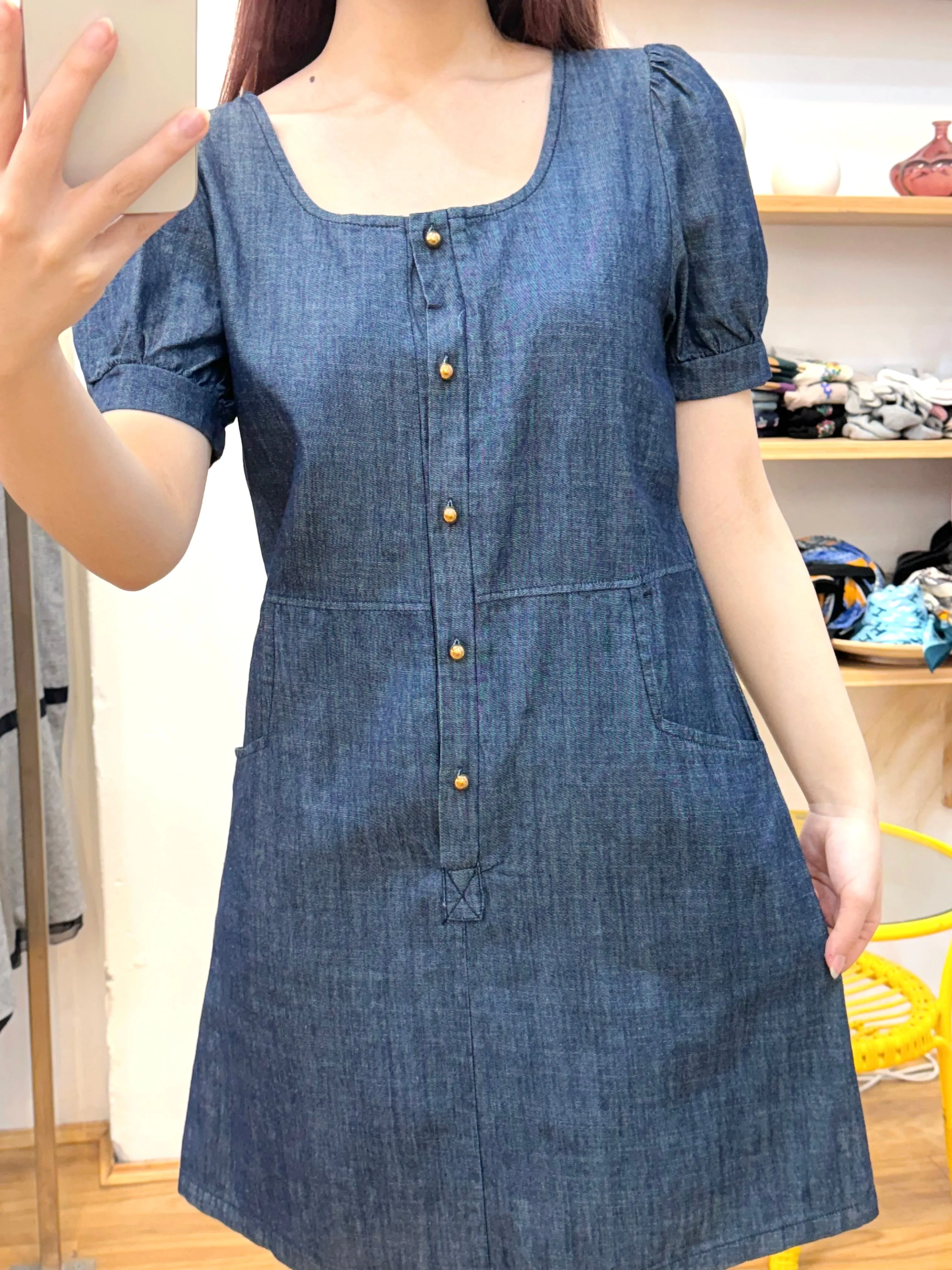 Puff-sleeve Denim Dress