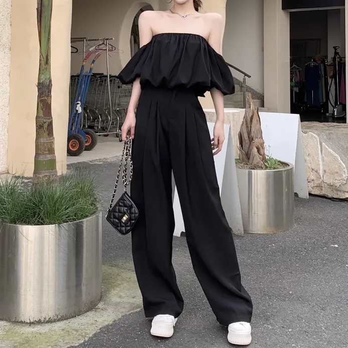 Puff Sleeve Off-Shoulder Top Suit Wide-Leg Trousers Set