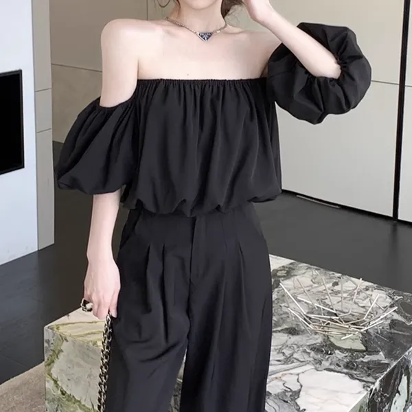 Puff Sleeve Off-Shoulder Top Suit Wide-Leg Trousers Set