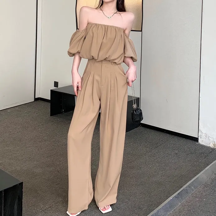 Puff Sleeve Off-Shoulder Top Suit Wide-Leg Trousers Set