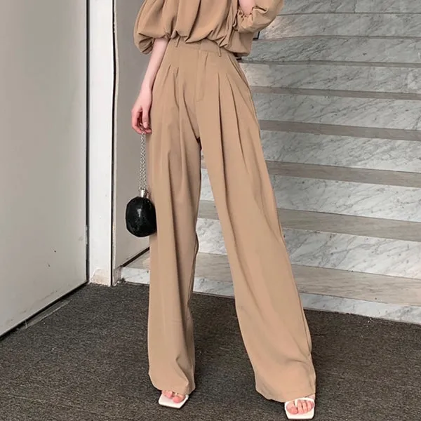 Puff Sleeve Off-Shoulder Top Suit Wide-Leg Trousers Set