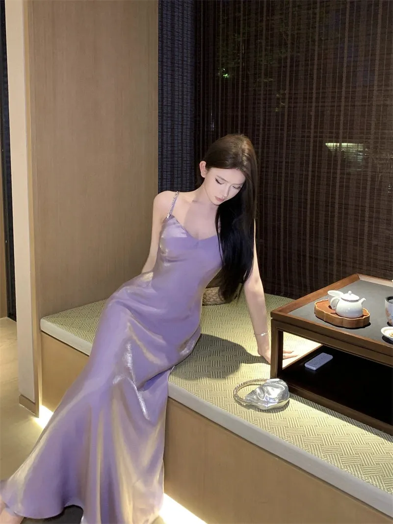 Purple satin v-neck dress for women long A-line party dress    S5916