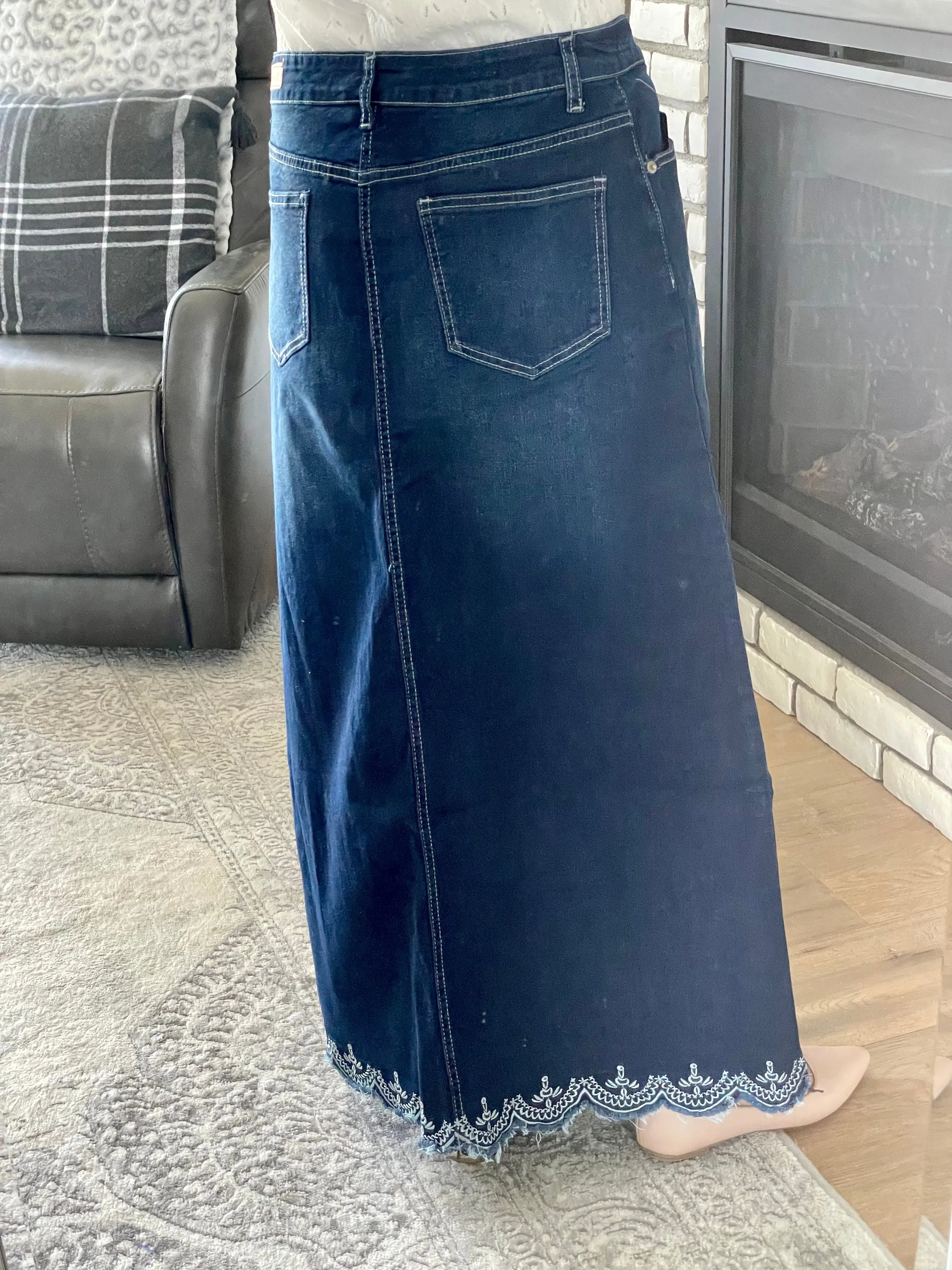 "Nora" Long Denim Skirt in Dark Indigo Wash