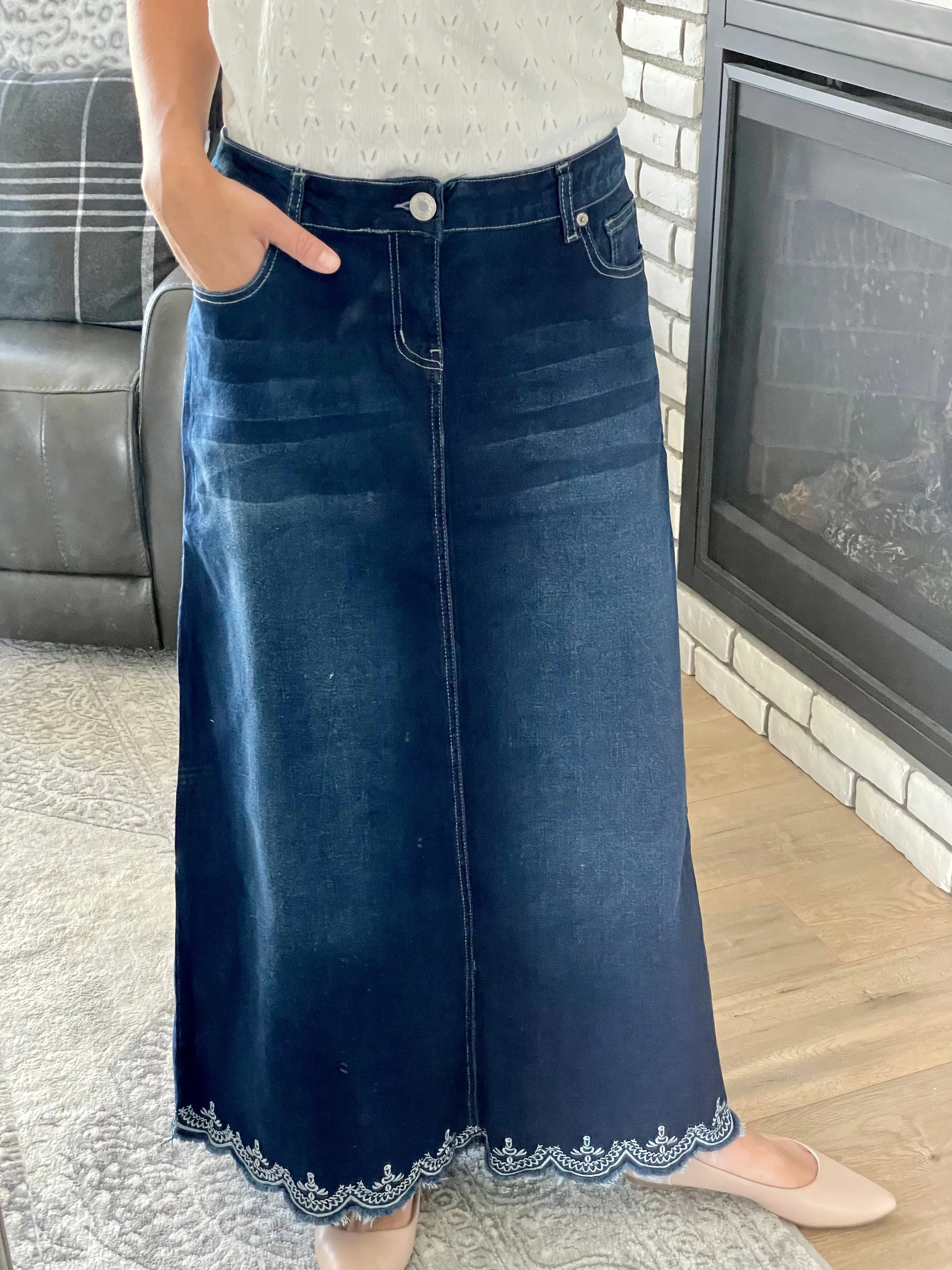 "Nora" Long Denim Skirt in Dark Indigo Wash