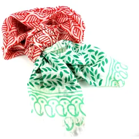 Red and Green Leaf Design Cotton Scarf Asha Handicrafts