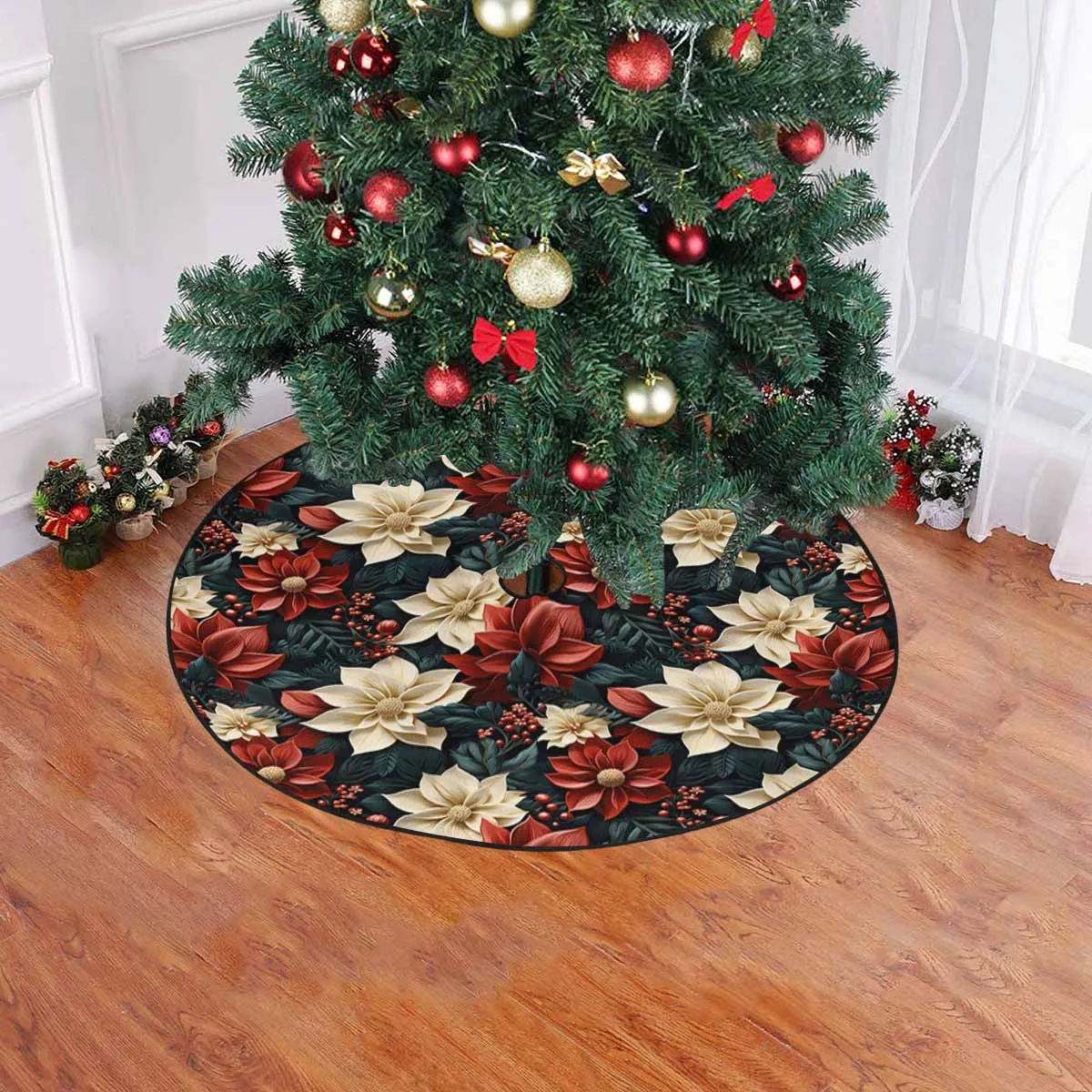 Red Poinsettia  Christmas Tree Skirt