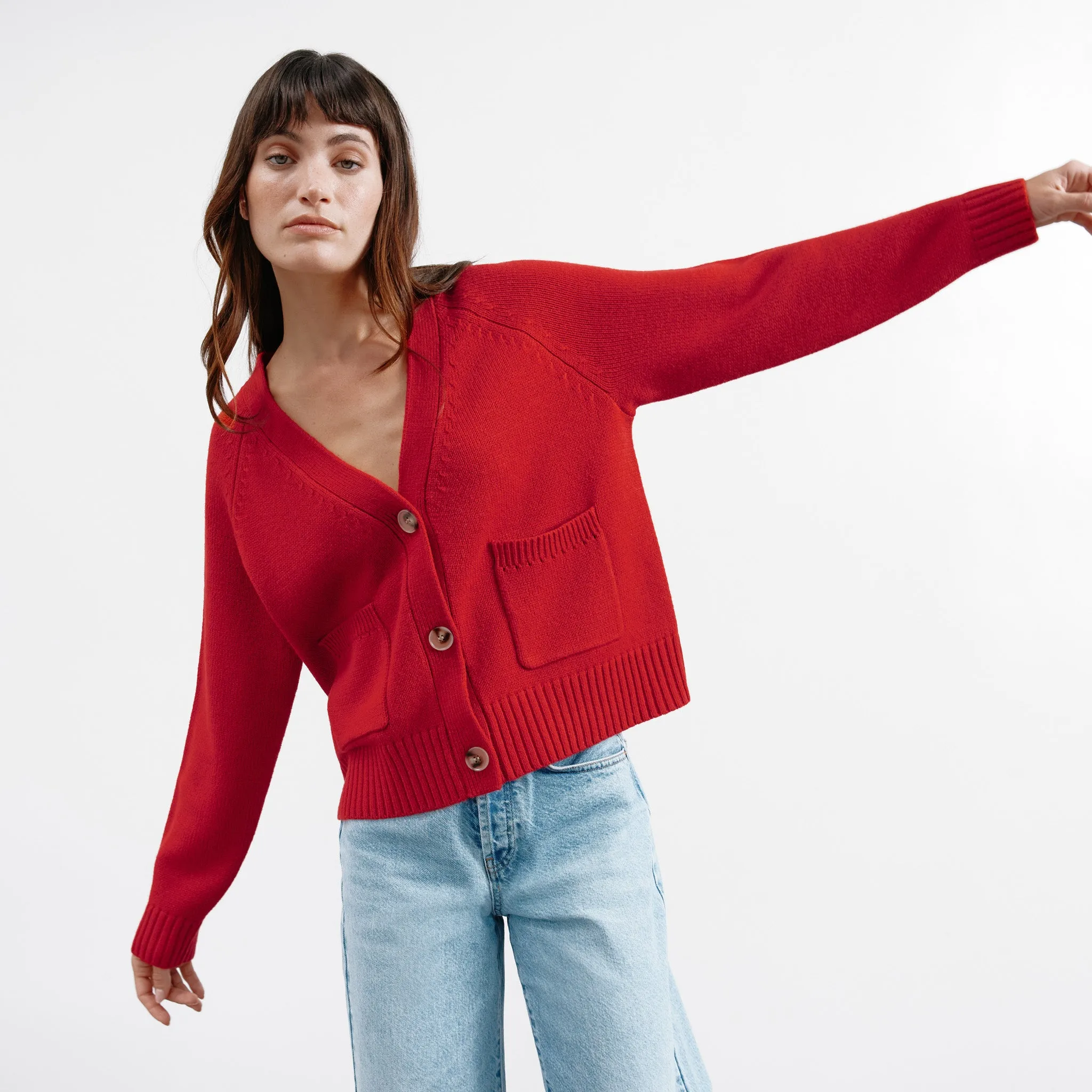 Red Relaxed V Neck Cardigan