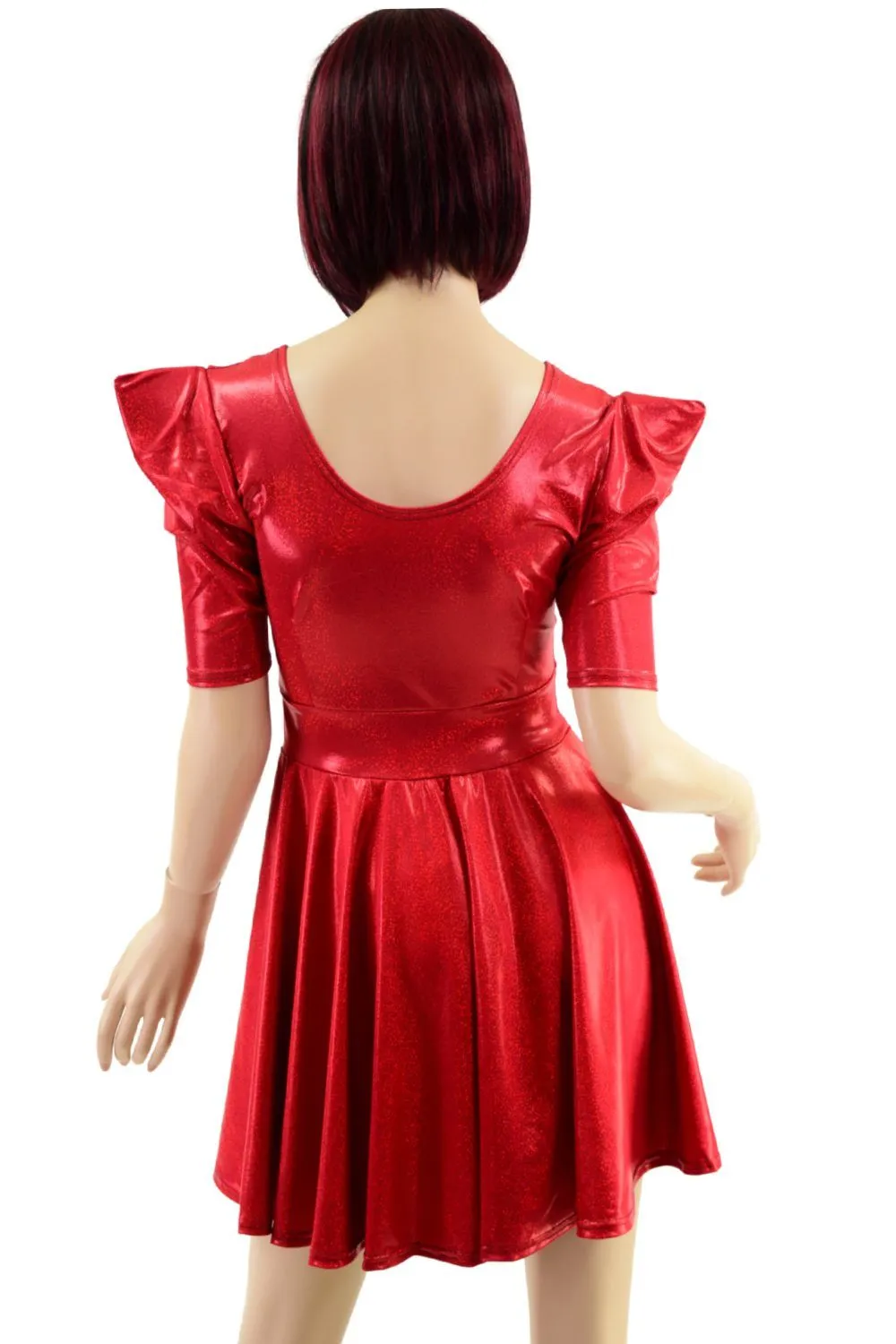 Red Sparkly Jewel Sharp Shoulder Half Sleeve Skater Dress